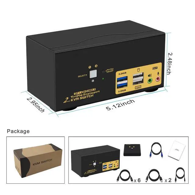 Alt view image 6 of 6 - 2 Port USB 3.0 Triple Monitor Displayport KVM Switch, Displayport 1.4 Support 8K@30Hz 4K@144Hz, DP KVM Switch 2 Computers 3 Monitors Video Keyboard Mouse Peripheral Audio Sharing Selector with Cables