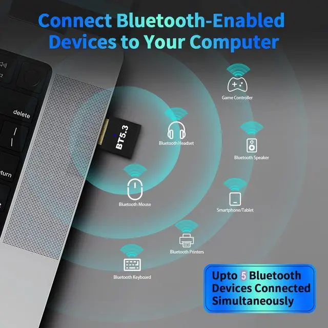 Alt view image 7 of 7 - WRIARICH Bluetooth 5.3 Adapter for PC Desktop, 20M Wireless Transmitter Dongle for Windows 11/10/8.1 Computer Laptop, Plug & Play, Pair w/Bluetooth Headset Headphones Speaker Keyboard Mouse Printers