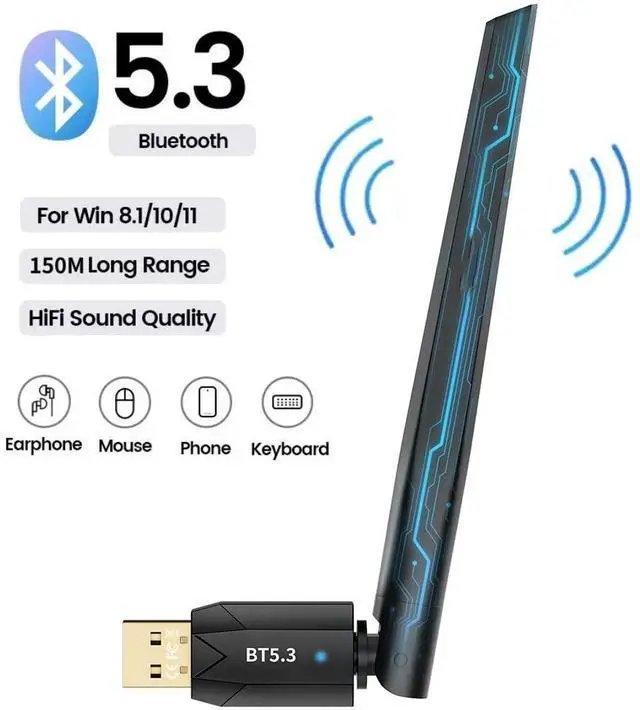 Main image of WRIARICH Long Range USB Bluetooth 5.3 Adapter for PC Desktop, 150M Wireless Transmitter Dongle for Windows 11/10/8.1 Laptop Computer Pair Bluetooth Headset Headphones Speaker Mouse Keyboard Printer