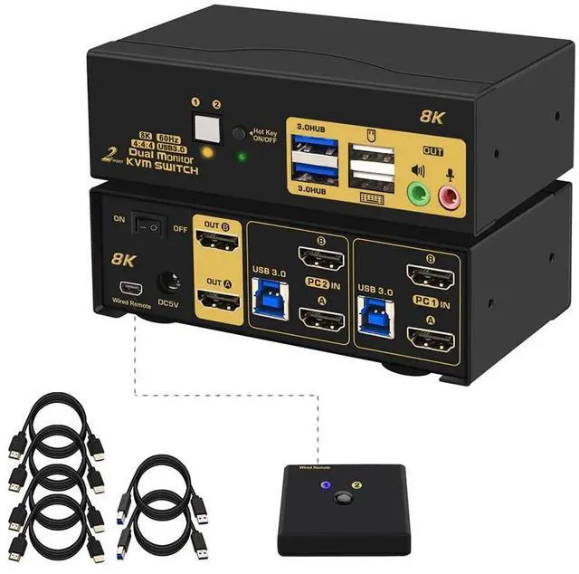 Main image of 2 Port USB 3.0 HDMI KVM Switch for 2 Computer 2 Monitors, Dual Monitor HDMI KVM Switch 2 in 2 Out 8K@60Hz with Audio Output 2 USB 3.0 Hubs and Cables Supports HDMI 2.1, HDCP, HDR and Support Hotkey