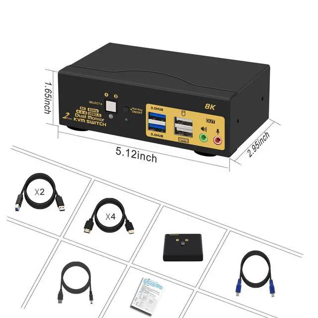 Alt view image 7 of 7 - 2 Port USB 3.0 HDMI KVM Switch for 2 Computer 2 Monitors, Dual Monitor HDMI KVM Switch 2 in 2 Out 8K@60Hz with Audio Output 2 USB 3.0 Hubs and Cables Supports HDMI 2.1, HDCP, HDR and Support Hotkey