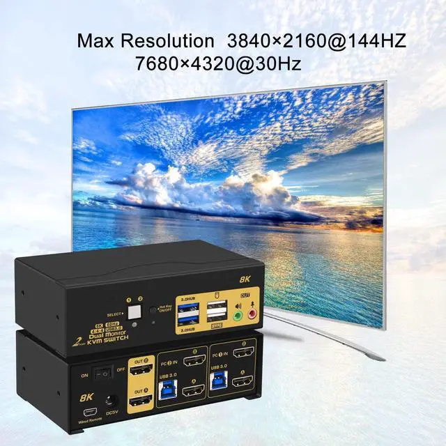 Alt view image 4 of 7 - 2 Port USB 3.0 HDMI KVM Switch for 2 Computer 2 Monitors, Dual Monitor HDMI KVM Switch 2 in 2 Out 8K@60Hz with Audio Output 2 USB 3.0 Hubs and Cables Supports HDMI 2.1, HDCP, HDR and Support Hotkey
