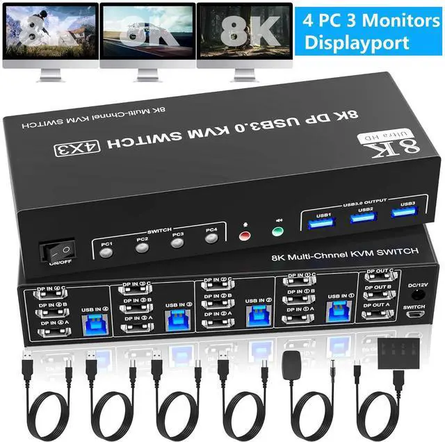 Main image of 8K@60Hz DisplayPort KVM Switch 3 Monitors 4 Computers, USB 3.0 DP 1.4 KVM Switch 4K@144Hz Triple Monitor for 4 Computers with Audio and 3 USB 3.0 Ports, KVM Triple Monitor Keyboard Mouse Switcher