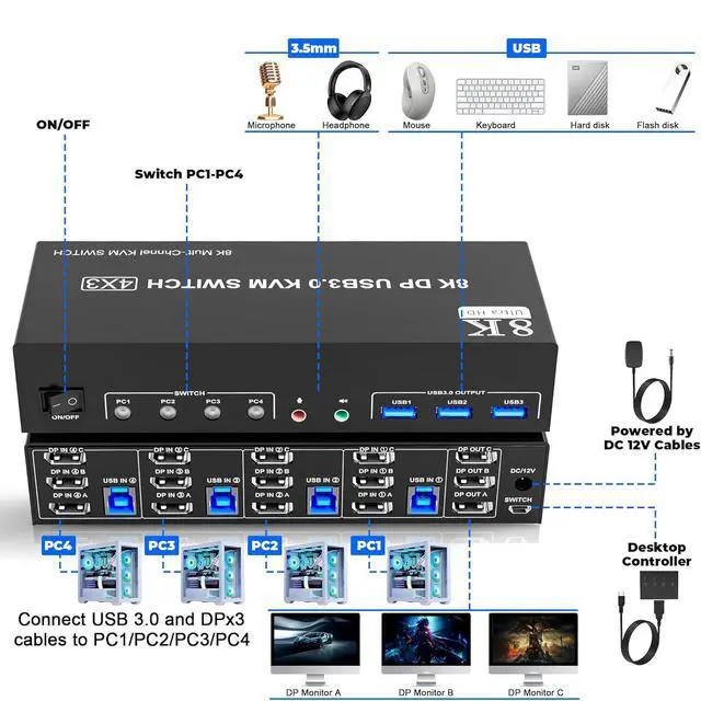 Alt view image 3 of 7 - 8K@60Hz DisplayPort KVM Switch 3 Monitors 4 Computers, USB 3.0 DP 1.4 KVM Switch 4K@144Hz Triple Monitor for 4 Computers with Audio and 3 USB 3.0 Ports, KVM Triple Monitor Keyboard Mouse Switcher