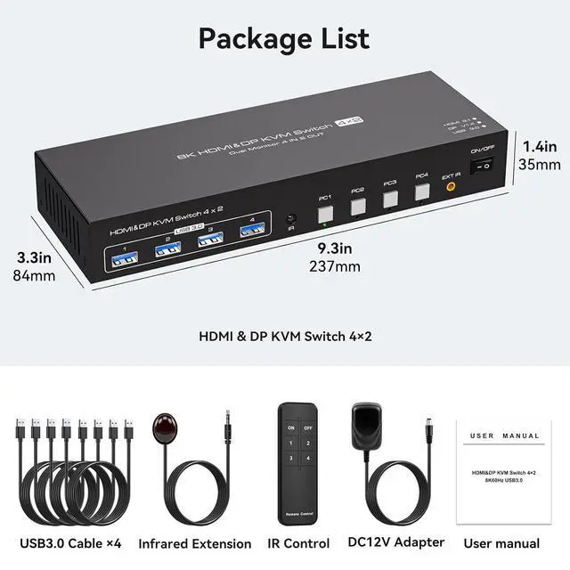 Alt view image 7 of 7 - Dual Monitor HDMI + Displayport KVM Switch for 4 Computers 2 Monitors 8K@60Hz 4K@120Hz 4 Port KVM Switches Support 4 PCs Share 4 USB Devices Support Copy and Extend Mode with External Accessories
