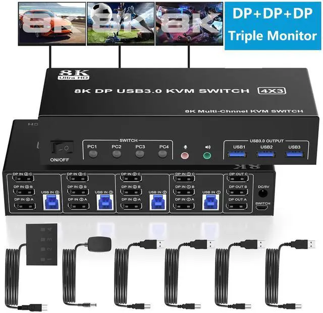 Main image of 8K Displayport USB 3.0 KVM Switch 3 Monitors 4 Computers, DP+DP+DP Triple Monitor KVM Switch with Audio Microphone Output and 3 USB 3.0 Ports, 8K DP1.4 KVM Triple Monitor Keyboard Mouse Switcher