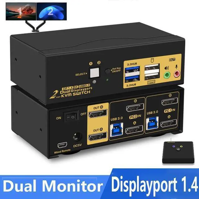 Main image of 2 Port DP USB 3.0 Dual Monitor Displayport KVM Switch, DP 1.4 8K@30Hz 4K@144Hz Extended Display, DP KVM Switch 2 Computers 2 Monitors with Audio Microphone Output, with Cables and Wired Controller