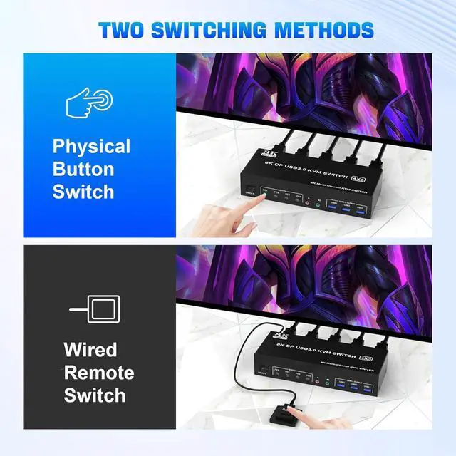 Alt view image 7 of 7 - 8K Displayport USB 3.0 KVM Switch 3 Monitors 4 Computers, DP+DP+DP Triple Monitor KVM Switch with Audio Microphone Output and 3 USB 3.0 Ports, 8K DP1.4 KVM Triple Monitor Keyboard Mouse Switcher