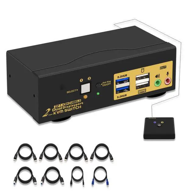 Alt view image 2 of 7 - 2 Port DP USB 3.0 Dual Monitor Displayport KVM Switch, DP 1.4 8K@30Hz 4K@144Hz Extended Display, DP KVM Switch 2 Computers 2 Monitors with Audio Microphone Output, with Cables and Wired Controller