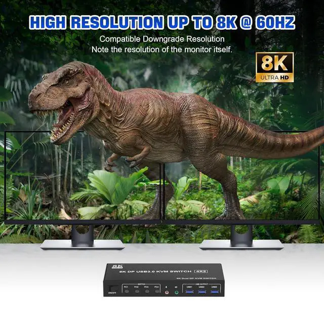 Alt view image 4 of 7 - 8K@60Hz USB 3.0 Displayport KVM Switch 2 Monitors 4 Computers, Dual Monitor Displayport KVM Switch 4 in 2 Out with Audio Output and 3 USB 3.0 Ports, 4 Port 8K DP Monitor Switch for 4 PCs 2 Monitors
