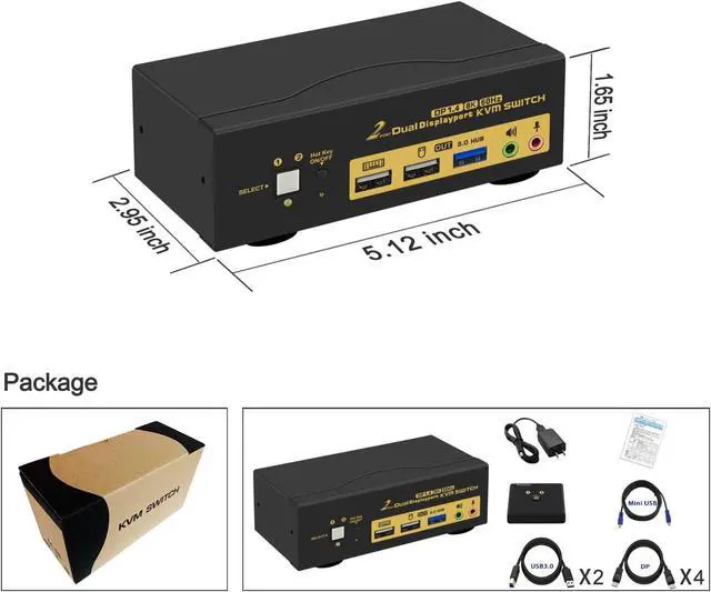Alt view image 7 of 7 - 2 Port Displayport KVM Switch, Dual Monitor DisplayPort 1.4 USB 3.0 KVM Switch for 2 Computers 2 Monitor 4K@144Hz 8K@30Hz, PC Screen Keyboard Mouse Peripheral Audio Sharing Selector, with All Cables