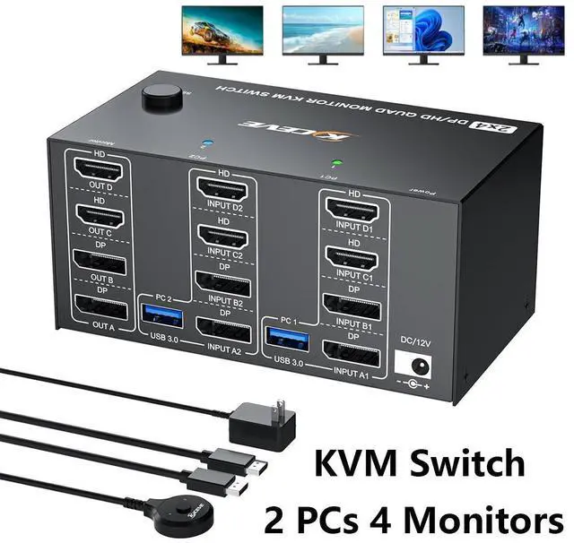 Main image of Quad Monitor KVM Switch 4 Monitors 2 Computers 4K120Hz/8K@30Hz, USB 3.0 KVM Switch Quad Monitor for 2 PC Share 4 Monitors and Keyboard & Mouse,with Wired Remote and USB Cables,Input 2 HD+2 DP Port