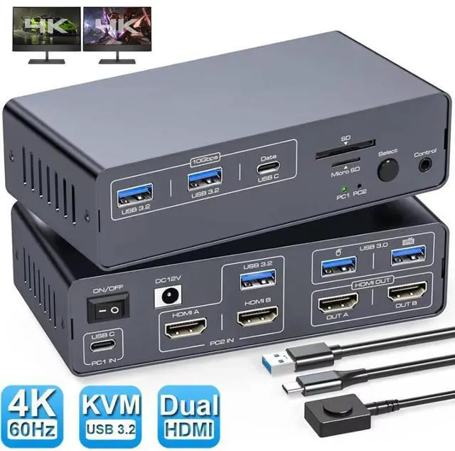 Main image of Dual Monitor KVM Switch, 10Gbps USB 3.2 USB-C HDMI KVM Switch 4K@60Hz,EDID emulation, Dual Monitor HDMI KVM Switch for 1 Laptop 1 Computer 2 Monitor for Mac-book 2 PCs, 13-in-1 Docking Station