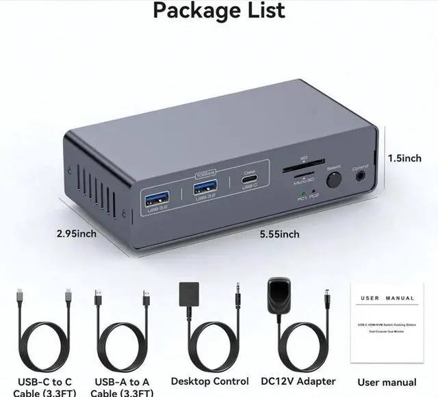 Alt view image 7 of 7 - Dual Monitor KVM Switch, 10Gbps USB 3.2 USB-C HDMI KVM Switch 4K@60Hz,EDID emulation, Dual Monitor HDMI KVM Switch for 1 Laptop 1 Computer 2 Monitor for Mac-book 2 PCs, 13-in-1 Docking Station