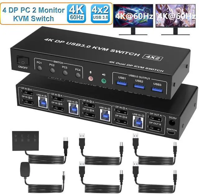 Main image of Displayport KVM Switch 2 Monitors 4 Computers 4K@60Hz, Dual Monitor Displayport USB 3.0 KVM Switch with Audio Microphone Output and 3 USB 3.0 Ports, DP Monitor KVM switch for 4 PCs 2 Monitors