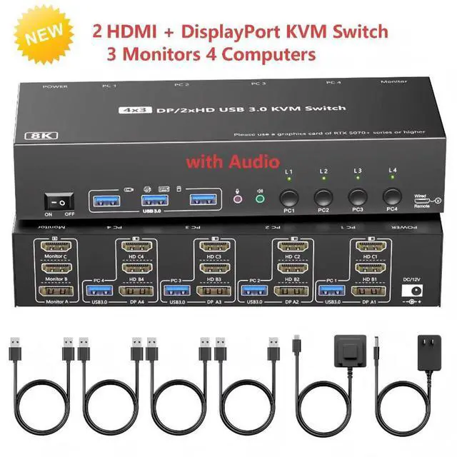 Main image of 4K@144Hz Triple Monitor KVM Switch 3 Monitors 4 Computers, 8K@60Hz 2 HDMI + DisplayPort USB 3.0 KVM Switch for 4 PC Share 3 Monitors and 3 USB Ports with Audio Microphone Output, with Wired Remote