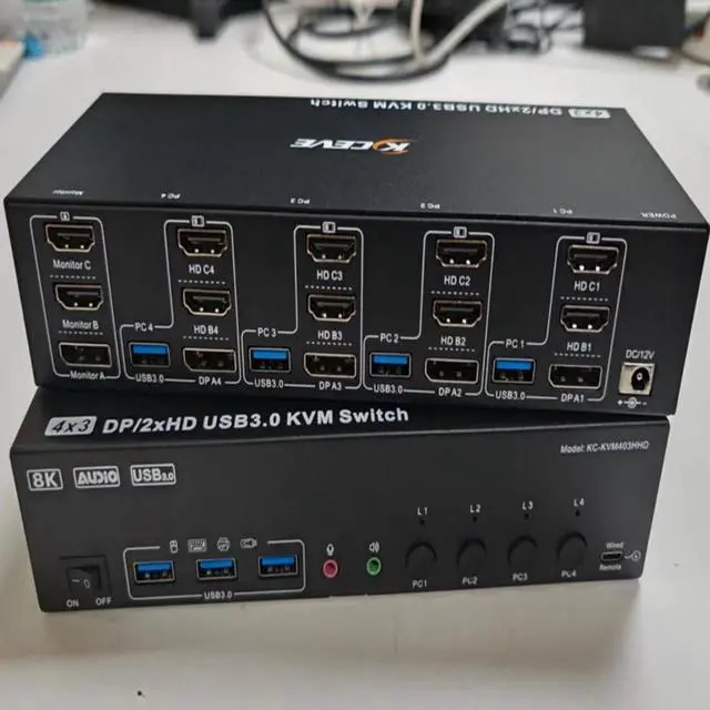 Alt view image 7 of 7 - 4K@144Hz Triple Monitor KVM Switch 3 Monitors 4 Computers, 8K@60Hz 2 HDMI + DisplayPort USB 3.0 KVM Switch for 4 PC Share 3 Monitors and 3 USB Ports with Audio Microphone Output, with Wired Remote