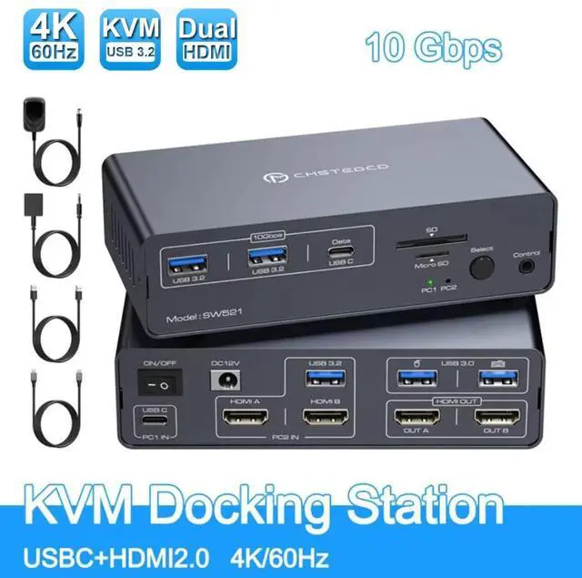 Main image of USB C Docking Station HDMI KVM Switch 2 Computers 2 Monitors for Laptop Desktop, USB C With 4K@60Hz 2 HDMI 2.0 USB 10Gbps, Dual Monitor KVM Switcher for Laptop and PC Share 13 in 1 Dock giyqxHw