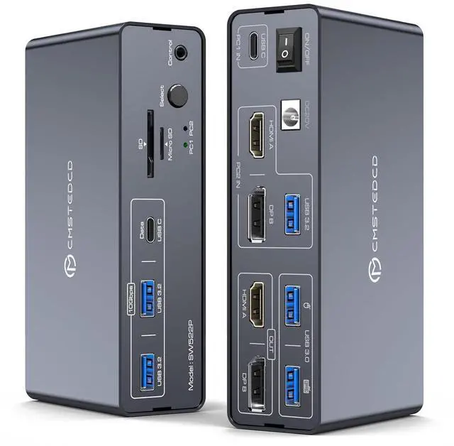 Main image of KVM Switch 2 Monitors 2 Computers, KVM Docking Station USB C + HDMI/DP Input with 100W PD, 4K@60Hz/4K@120Hz Displayport HDMI Dual Monitor KVM for Laptop & Desktop Share 13-in-1 Dock Aluminum Case