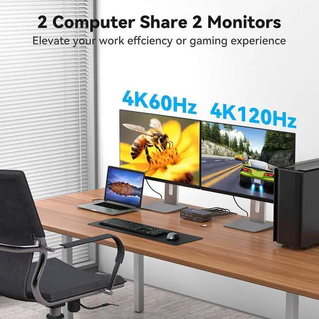 Alt view image 3 of 7 - KVM Switch 2 Monitors 2 Computers, KVM Docking Station USB C + HDMI/DP Input with 100W PD, 4K@60Hz/4K@120Hz Displayport HDMI Dual Monitor KVM for Laptop & Desktop Share 13-in-1 Dock Aluminum Case