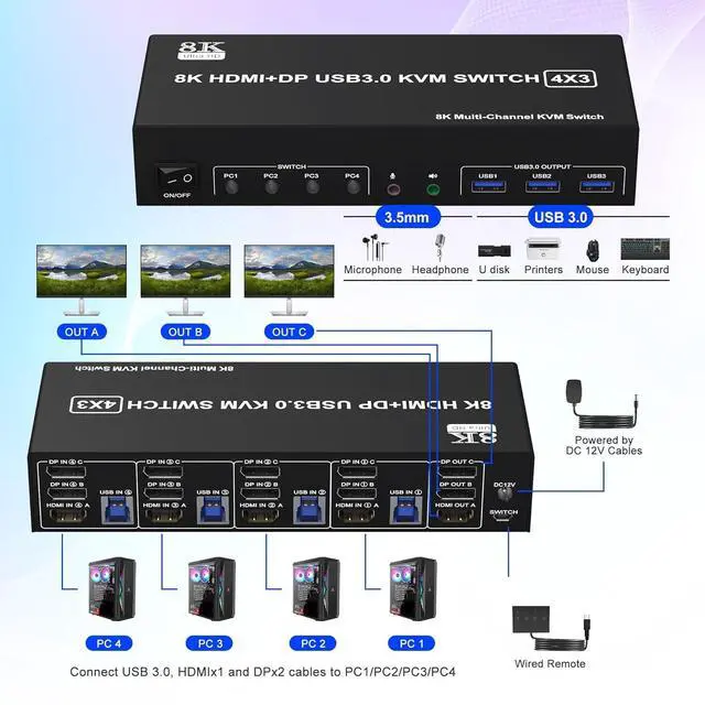 Alt view image 2 of 7 - WRIARICH KVM Switch 3 Monitors 4 Computers 8K@60Hz 4K@144Hz, 2 DisplayPort +1 HDMI Triple Monitor KVM Switch for 4 Computers with Audio and 3 USB 3.0 Ports, KVM Triple Monitor Keyboard Mouse Switcher