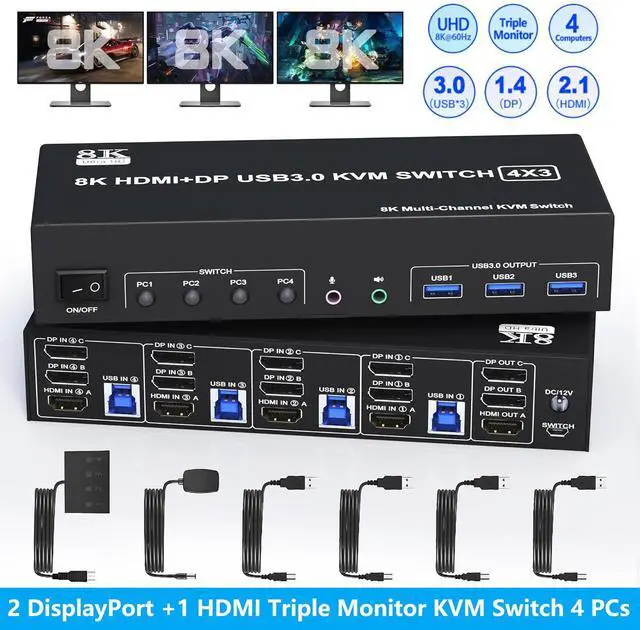 Main image of WRIARICH KVM Switch 3 Monitors 4 Computers 8K@60Hz 4K@144Hz, 2 DisplayPort +1 HDMI Triple Monitor KVM Switch for 4 Computers with Audio and 3 USB 3.0 Ports, KVM Triple Monitor Keyboard Mouse Switcher