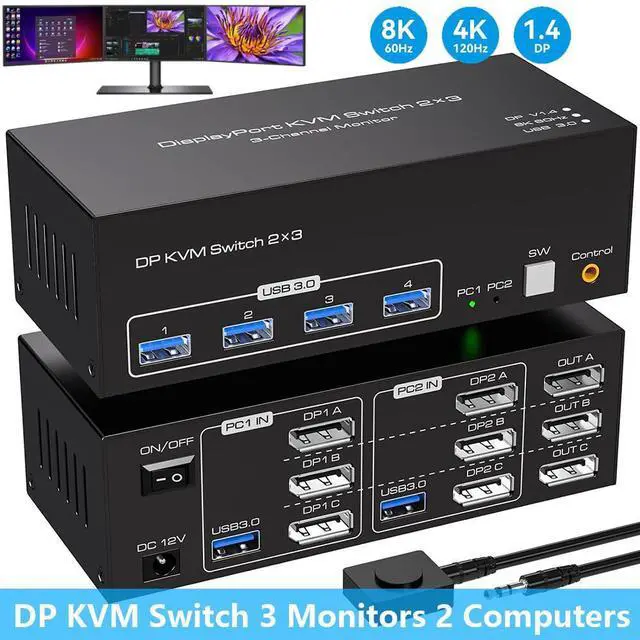 Main image of 8K 60Hz Displayport KVM Switch 3 Monitors 2 Computers 4K@144Hz, USB 3.0 KVM Switches DP 1.4 Triple Monitor Switch for 2 Computers with 4 USB3.0 Ports Support Extended & Copy Mode, Wired Controller