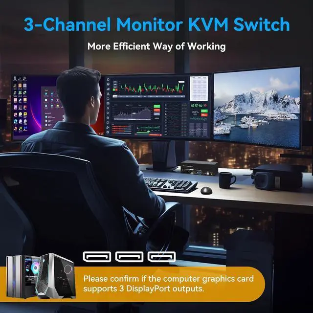 Alt view image 4 of 7 - 8K 60Hz Displayport KVM Switch 3 Monitors 2 Computers 4K@144Hz, USB 3.0 KVM Switches DP 1.4 Triple Monitor Switch for 2 Computers with 4 USB3.0 Ports Support Extended & Copy Mode, Wired Controller