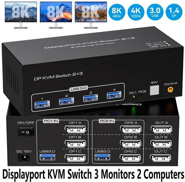 Main image of 4K@120Hz Displayport KVM Switch 3 Monitors 2 Computers, 8K@60Hz Triple Monitor DP USB 3.0 KVM Switches for 2 PC/Laptops Share 3 Monitors & 4 USB 3.0 Ports Support Extended & Duplicate Display Mode