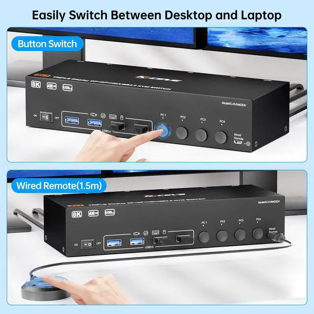 Alt view image 6 of 7 - HDMI +2 Displayport KVM Switch 3 Monitors 4 Computers 8K@60Hz 4K@144Hz Triple Monitor KVM Switches with 4 USB Ports for Keyboard Mouse,Support Extended/Copy Mode, with Wired Remote and 4 USB Cable