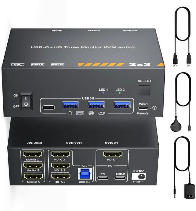Main image of USB C HDMI KVM Switch 3 Monitors 1 Laptop & 1 Desktop, 4K HDMI USB Switch, Triple Monitors KVM Switch for Laptop with 3 USB 3.0 Ports, 4K Hub for 2 PCs to Share Monitor, Keyboard, Mouse & Printer
