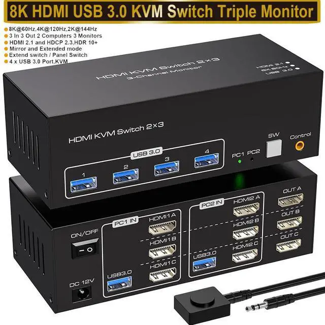 Main image of 8K@60Hz HDMI KVM Switch 3 Monitors 2 Computers, USB 3.0 KVM Switches with 4 USB Ports Triple Monitor KVM Switches for 2 Computers Support Extended & Copy Mode, 12V DC Adapter 2 USB Cables Included