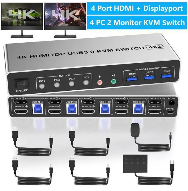 Main image of Displayport+HDMI KVM Switch 2 Monitors 4 Computers, 4K@60Hz Dual Monitor KVM Switch 4 in 2 Out with Audio Microphone Output and 3 USB 3.0 Ports, 4 Port HDMI + DP Monitor Switch for 4 PCs 2 Monitor