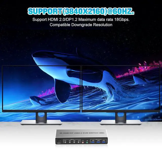 Alt view image 4 of 7 - Displayport+HDMI KVM Switch 2 Monitors 4 Computers, 4K@60Hz Dual Monitor KVM Switch 4 in 2 Out with Audio Microphone Output and 3 USB 3.0 Ports, 4 Port HDMI + DP Monitor Switch for 4 PCs 2 Monitor
