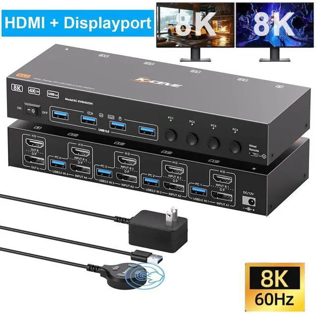 Main image of 4K@144Hz KVM Switch 2 Monitors 4 Computers 8K@60Hz, HDMI + Displayport KVM Switch Dual Monitor with 4 USB 3.0 Port for Keyboard Mouse Printer, Wired Remote, Power Adapter and 4 USB Cables Included