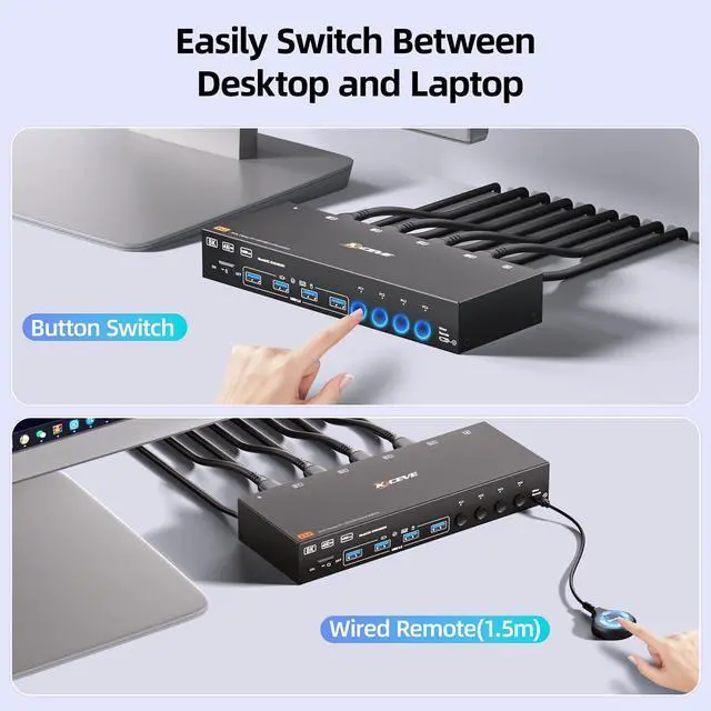 Alt view image 7 of 7 - 4K@144Hz KVM Switch 2 Monitors 4 Computers 8K@60Hz, HDMI + Displayport KVM Switch Dual Monitor with 4 USB 3.0 Port for Keyboard Mouse Printer, Wired Remote, Power Adapter and 4 USB Cables Included