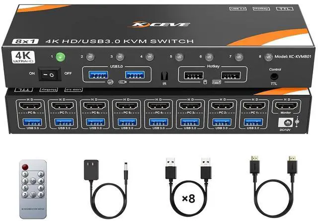 Main image of WRIARICH 8 Ports HDMI KVM Switch 8 Computers 1 Monitor, 8 Ports HDMI USB 3.0 KVM Switcher Support 4K@60Hz for 8 PC Share 1 Monitor, Keyboard and Mouse, Support Hotkey Switching Way