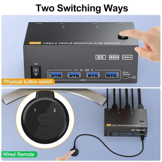 Alt view image 4 of 7 - WRIARICH Triple Monitor KVM Switch 2 PCs 3 Monitors, 8K@60Hz 4K@144Hz 2 HDMI + 1 Displayport USB 3.0 KVM Switch Extended Display 3 Monitors 2 Computers KVM with USB 3.0 Cables Wired Controller giyqxHw