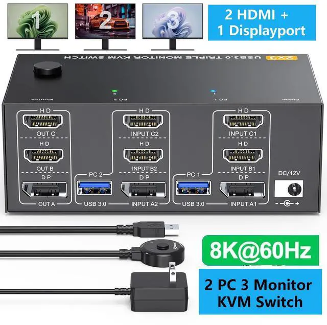 Main image of WRIARICH Triple Monitor KVM Switch 2 PCs 3 Monitors, 8K@60Hz 4K@144Hz 2 HDMI + 1 Displayport USB 3.0 KVM Switch Extended Display 3 Monitors 2 Computers KVM with USB 3.0 Cables Wired Controller giyqxHw