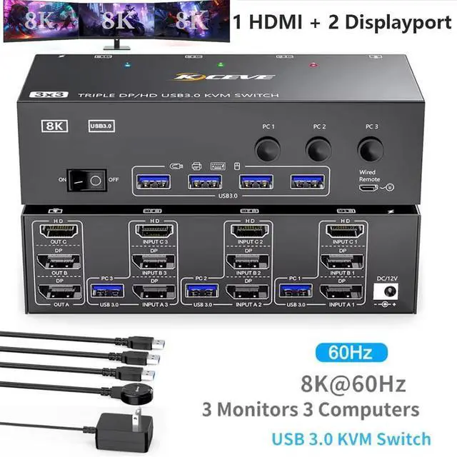 Main image of KVM Switch 3 Monitors 3 Computers 8K@60Hz 4K@144Hz, HDMI+2 Displayport USB 3.0 KVM Switch Triple Monitor for 3 Computer Share 3 Monitor and 4 USB 3.0 Devices, Wired Remote & Power Adapter Included