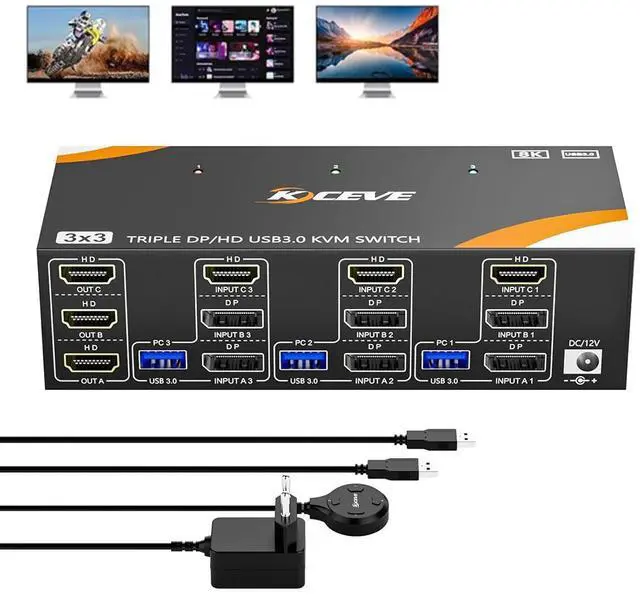 Main image of KVM Switch 3 Computers 3 Monitors 8K@60Hz /4K@144Hz, 2* Displayport + HDMI Triple Monitor USB 3.0 KVM Switch for 3 PC Shares 3 Monitors and 4 USB 3.0 Devices with Wired Remote & 12V Power Adapter