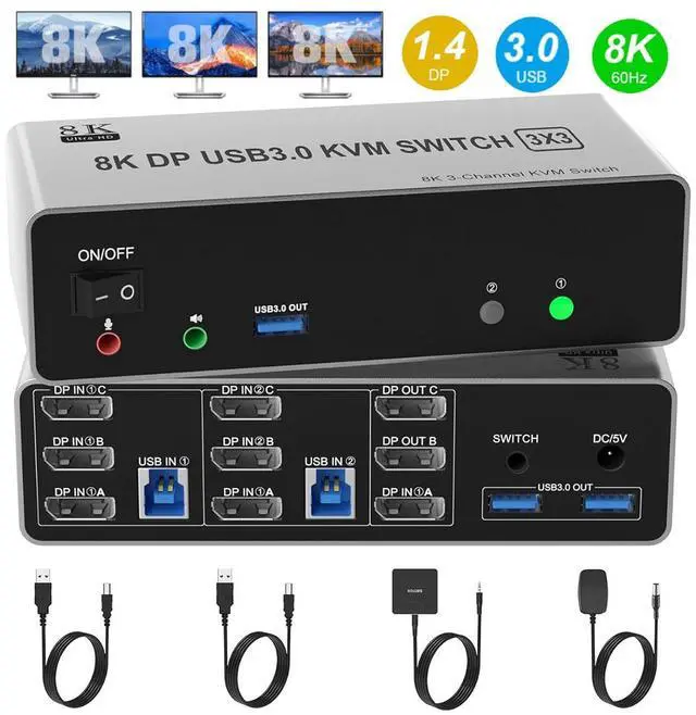 Main image of 8K@60Hz Displayport KVM Switch 3 Monitors 2 Computers 4K@144Hz, DP1.4 KVM Switch Triple Monitor for 2 Computer Share 3 Monitor, Audio Mic Port and 3 USB3.0 Devices Support Extended and Copy Mode