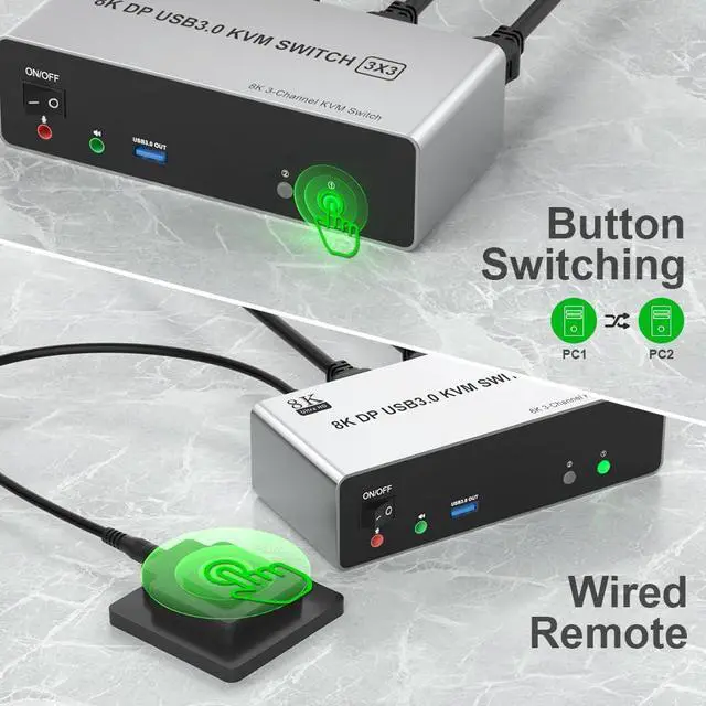 Alt view image 6 of 7 - 8K@60Hz Displayport KVM Switch 3 Monitors 2 Computers 4K@144Hz, DP1.4 KVM Switch Triple Monitor for 2 Computer Share 3 Monitor, Audio Mic Port and 3 USB3.0 Devices Support Extended and Copy Mode
