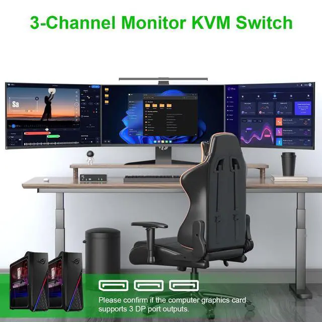 Alt view image 7 of 7 - 8K@60Hz Displayport KVM Switch 3 Monitors 2 Computers 4K@144Hz, DP1.4 KVM Switch Triple Monitor for 2 Computer Share 3 Monitor, Audio Mic Port and 3 USB3.0 Devices Support Extended and Copy Mode