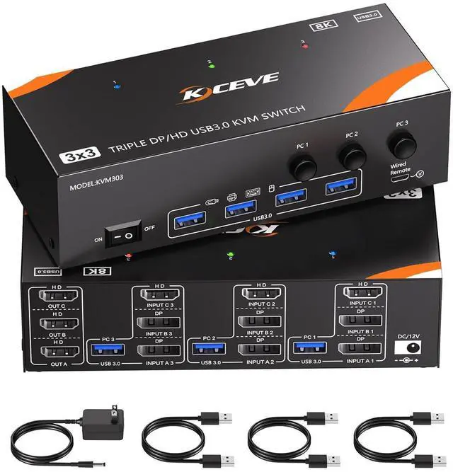 Main image of WRIARICH KVM Switch 3 Monitors 3 Computers 8K@60Hz/4K@120Hz, HDMI + 2 DP KVM Switches for 3 PC Sharing Triple HDMI Monitor and Keyboard Mouse with Power Adapter, Wired Controller and USB 3.0 Cables