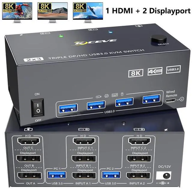 Main image of 8K KVM Switch 3 Monitors 2 Computers 8K@60Hz 4K@144Hz, 3 Monitors KVM Switch for 2 Computers Sharing Triple Monitors, Keyboard, Mouse, Printer with 2*USB3.0 Cables, Power Adapter and Controller