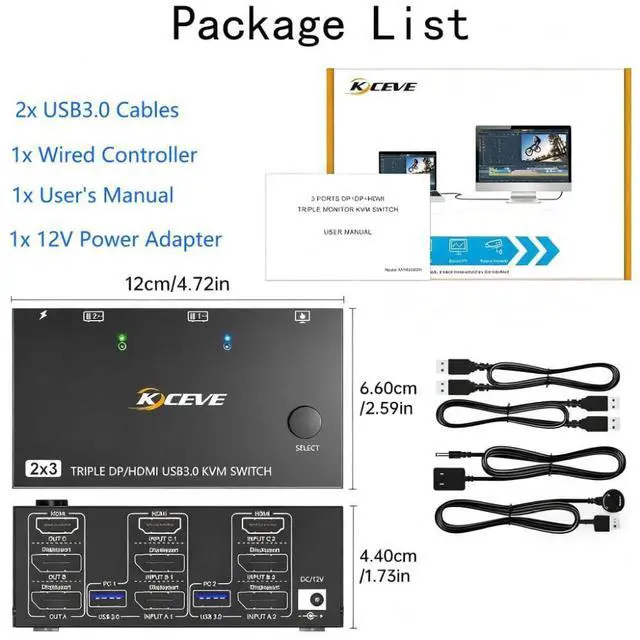 Alt view image 7 of 7 - 8K KVM Switch 3 Monitors 2 Computers 8K@60Hz 4K@144Hz, 3 Monitors KVM Switch for 2 Computers Sharing Triple Monitors, Keyboard, Mouse, Printer with 2*USB3.0 Cables, Power Adapter and Controller