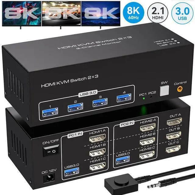 Main image of 4K144Hz HDMI KVM Switch 3 Monitors 2 Computers, 8K60Hz 2 PC Triple Monitors HDMI KVM Switches With 4 Ports USB 3.0 to Connect Keyboard Mouse and Printer Includes 2 USB 3.0 Cables and DC12V Adapter
