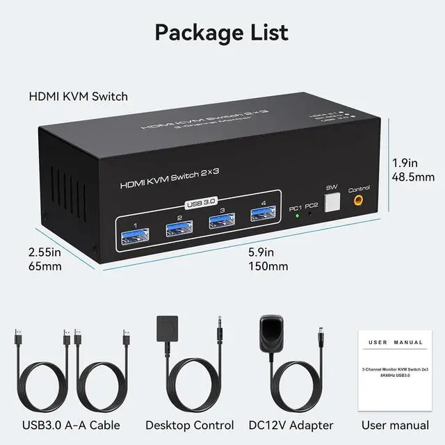 Alt view image 7 of 7 - 4K144Hz HDMI KVM Switch 3 Monitors 2 Computers, 8K60Hz 2 PC Triple Monitors HDMI KVM Switches With 4 Ports USB 3.0 to Connect Keyboard Mouse and Printer Includes 2 USB 3.0 Cables and DC12V Adapter