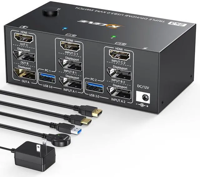 Main image of Triple Monitors KVM Switch 2 Displayport + HDMI USB 3.0 KVM Switch 8K@60Hz,4K@144Hz 3 Monitors 2 Computers KVM Switch with 4 USB 3.0 Ports Included KVM Cables, HDMI 8K@60Hz/4K@60Hz,DP 8K@30Hz/4K@144Hz